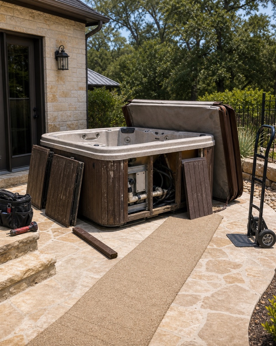 Hot tub staged for junk removal in a Central Texas backyard
